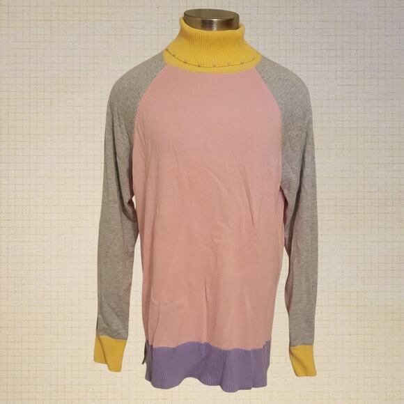 Charter Club Women's Color Block Cotton Rayon Sweater Pearl Beaded Turtle Neck - Picture 1 of 6